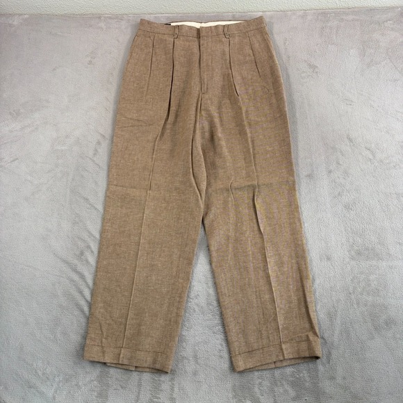 Vintage Polo Ralph Lauren Pleated Trouser Pants Brown Men 32x30 Linen Blend Cuff